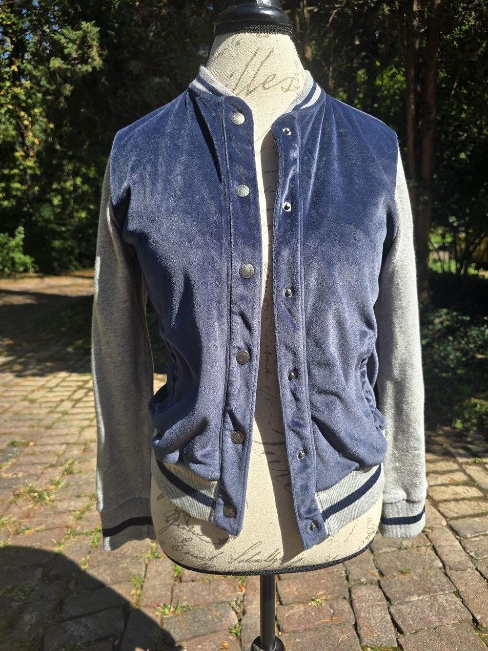Abercrombie & Fitch Navy Velvet Varsity Jacket with Gray Sleeves